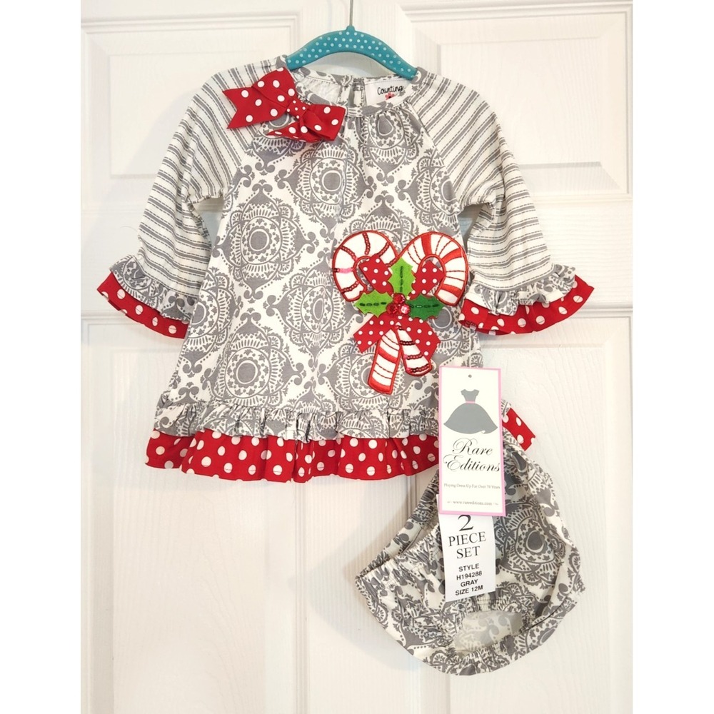Counting Daisies Baby Sz 12M Christmas outfit 2-piece Embroidered Candy Canes